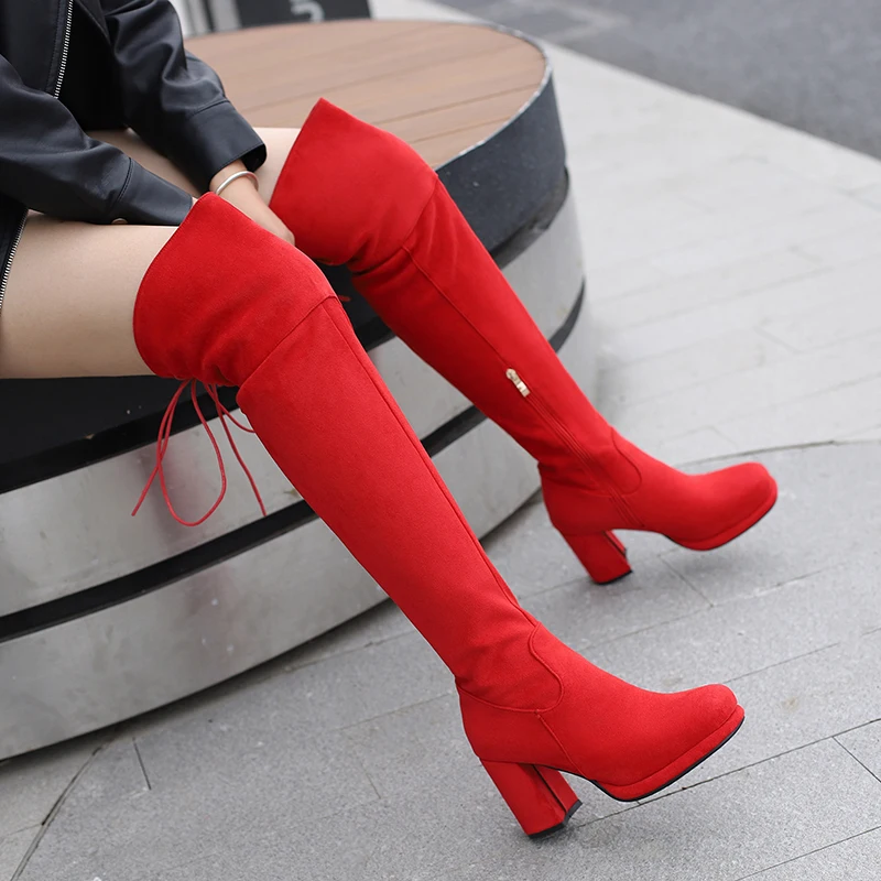 Plus Size Frosted Float Material With A Back Plush Inner Lace Up Women's Over The Knee Boots High Thick Heel Zipper Long Boots