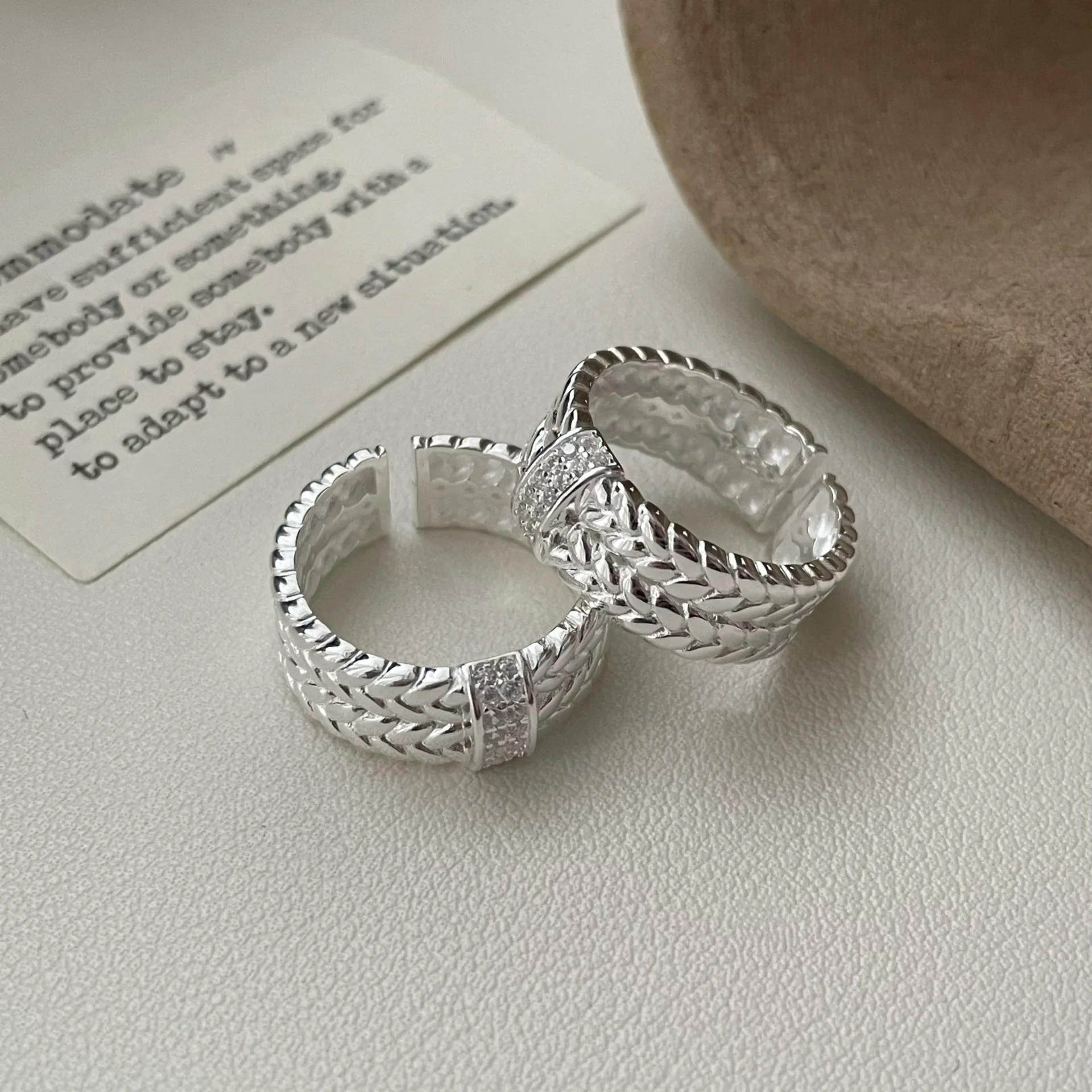 S925 pure silver woven pattern ring, women's high-end light luxury index finger ring, fashionable open mouth ring