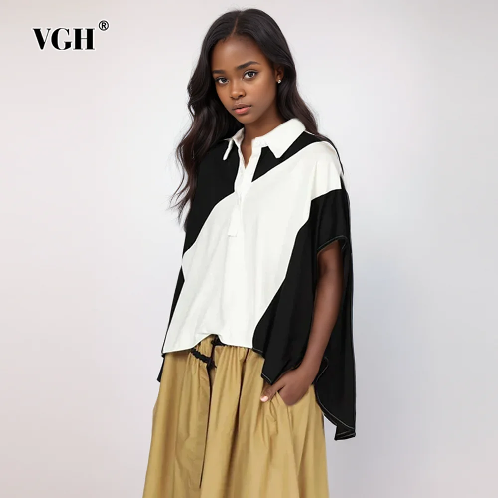 

VGH Hit Color Patchwork Button Loose T Shirt For Women Lapel Short Sleeve Irregular Pullover T Shirts Female Fashion Style New