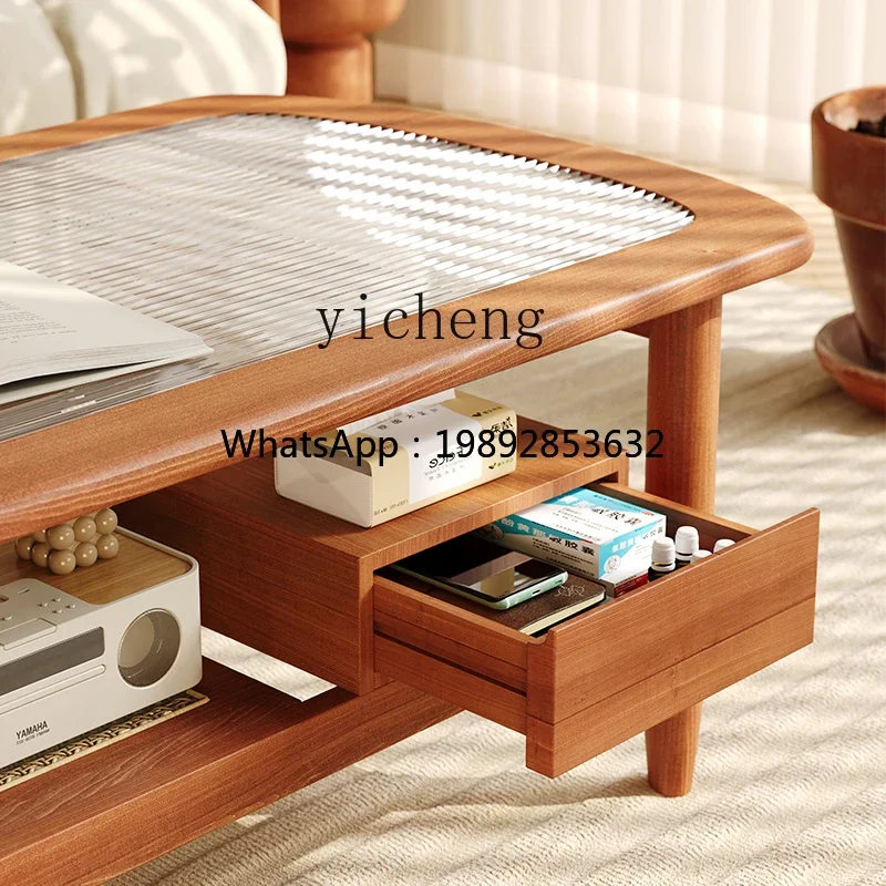 H3-24 coffee table small apartment living room retro high-footed square side table simple storage glass coffee table household