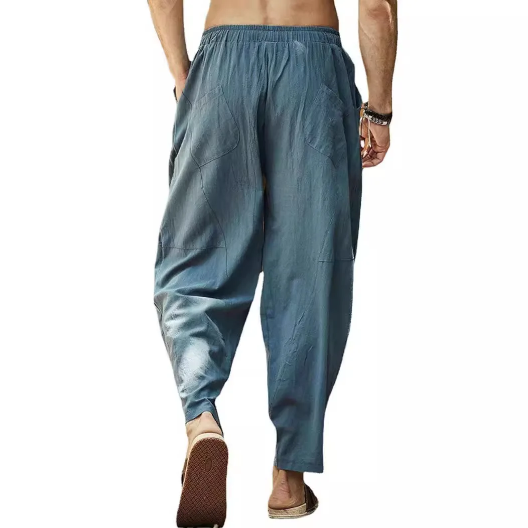 Men\'s Trousers Cotton Linen Casual Pants Solid Color Breathable Loose Straight Drawstring Hip Hop Cotton Linen Little Feet Pants