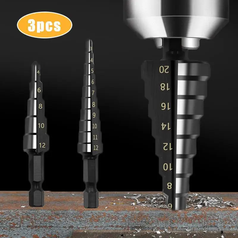 3Pcs HSS Straight Groove Step Drill Bit 3-12mm 4-12mm 4-20mm Nitride Black Hexagonal Handle Wood Metal Core Drilling Tools Set