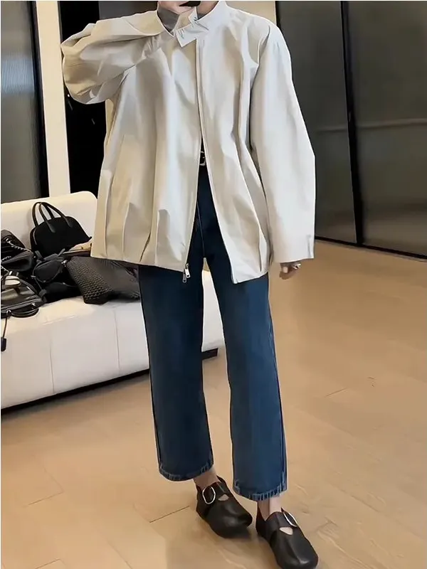 Retro perna reta denim jeans feminino primavera tamanho grande solto carne escondendo nove pontos calças de cintura alta jeans casuais