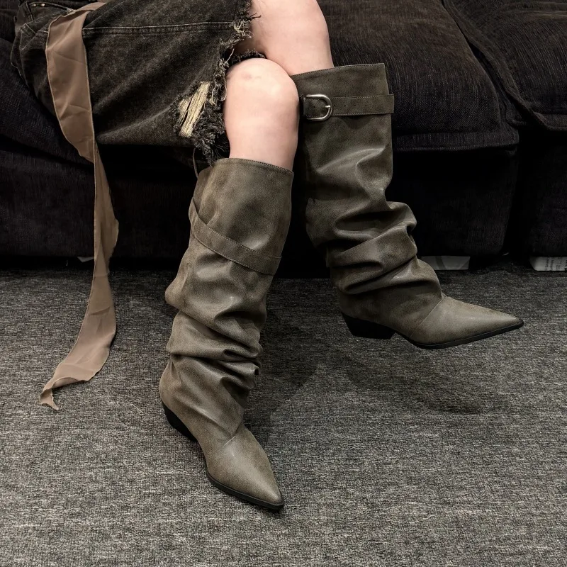 New Women Shoes Exquisite Genuine Leather Knight Boots for Woman Fashion Pointed Tip Slouchy Boots Designer Shoes Botas Feminina