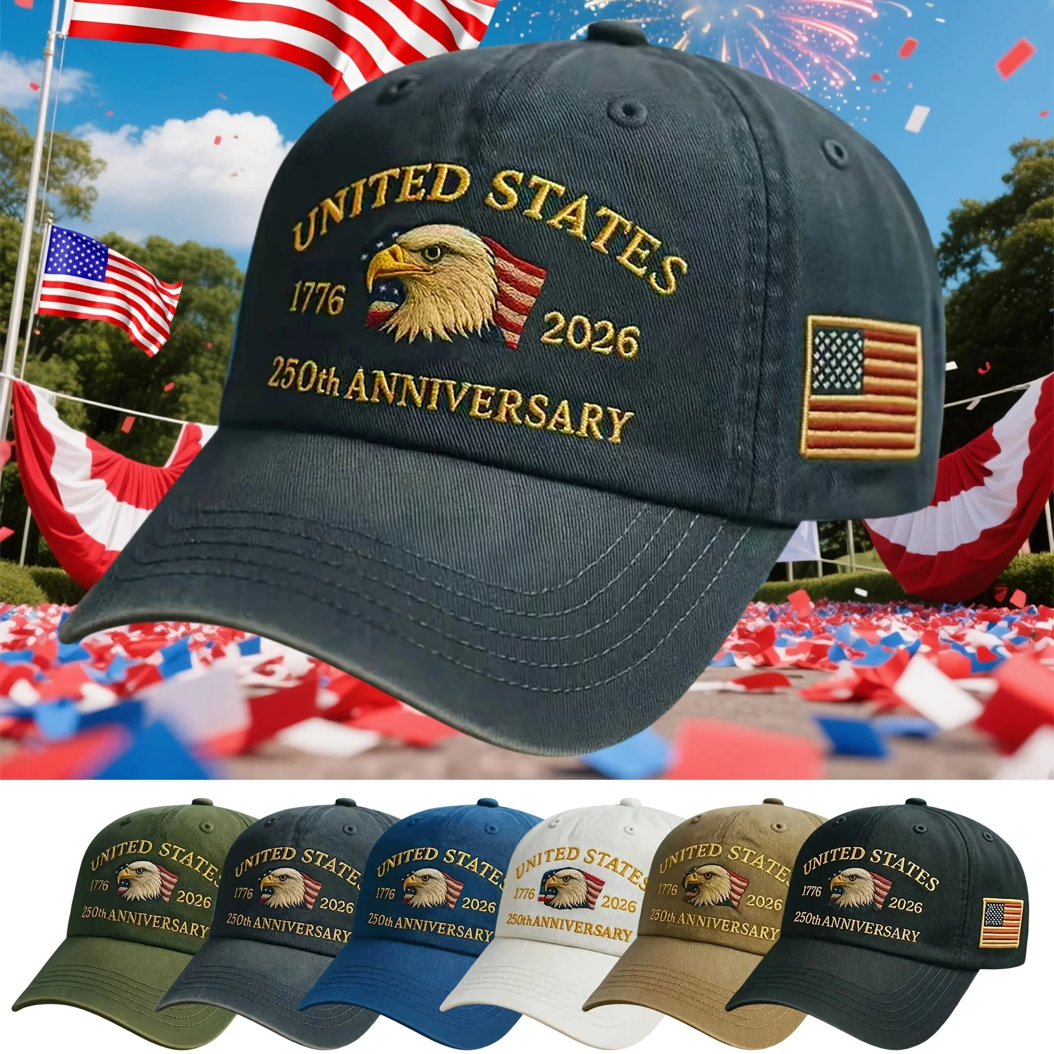 1776-2026 USA 250th Anniversary Cap - Embellished Eagle & 50 Stars Flag Design Snapback Closure | Unisex