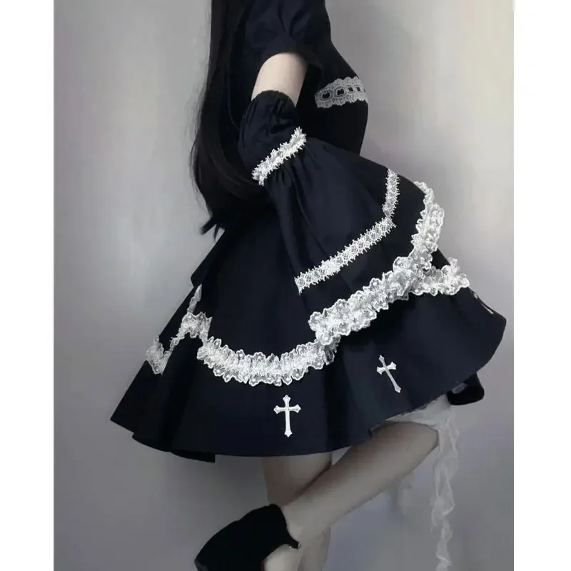 Vestido japonês preto de lolita gótico feminino, estilo kawaii, babados com renda, vestidos de midi ocos, feminino que combina tudo, fofo, Y2K