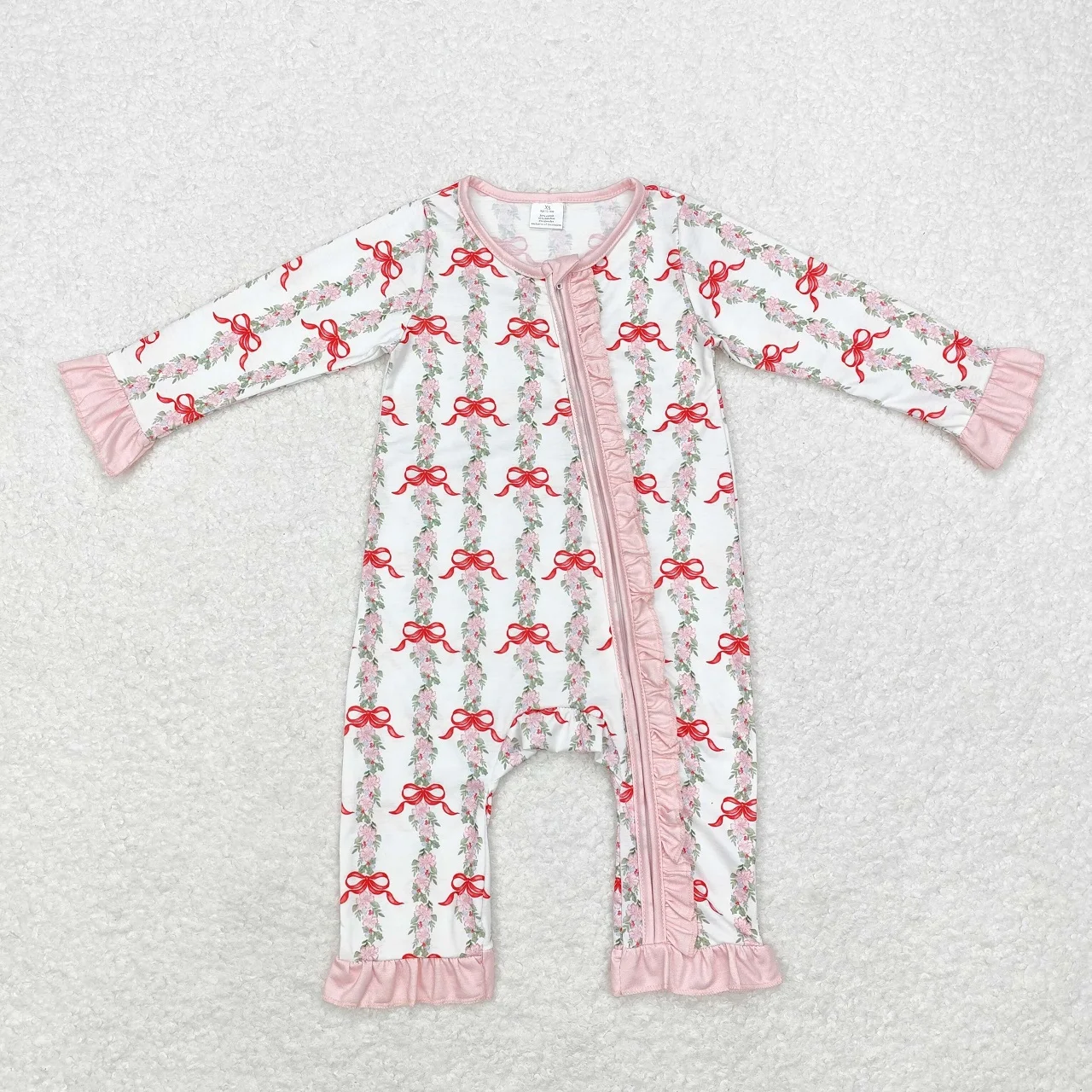 Wholesale Kids Bow One-piece Newborn Coverall Bodysuit Long Sleeves Zipper Ruffle Jumpsuit Toddler Baby Girl Christmas Romper