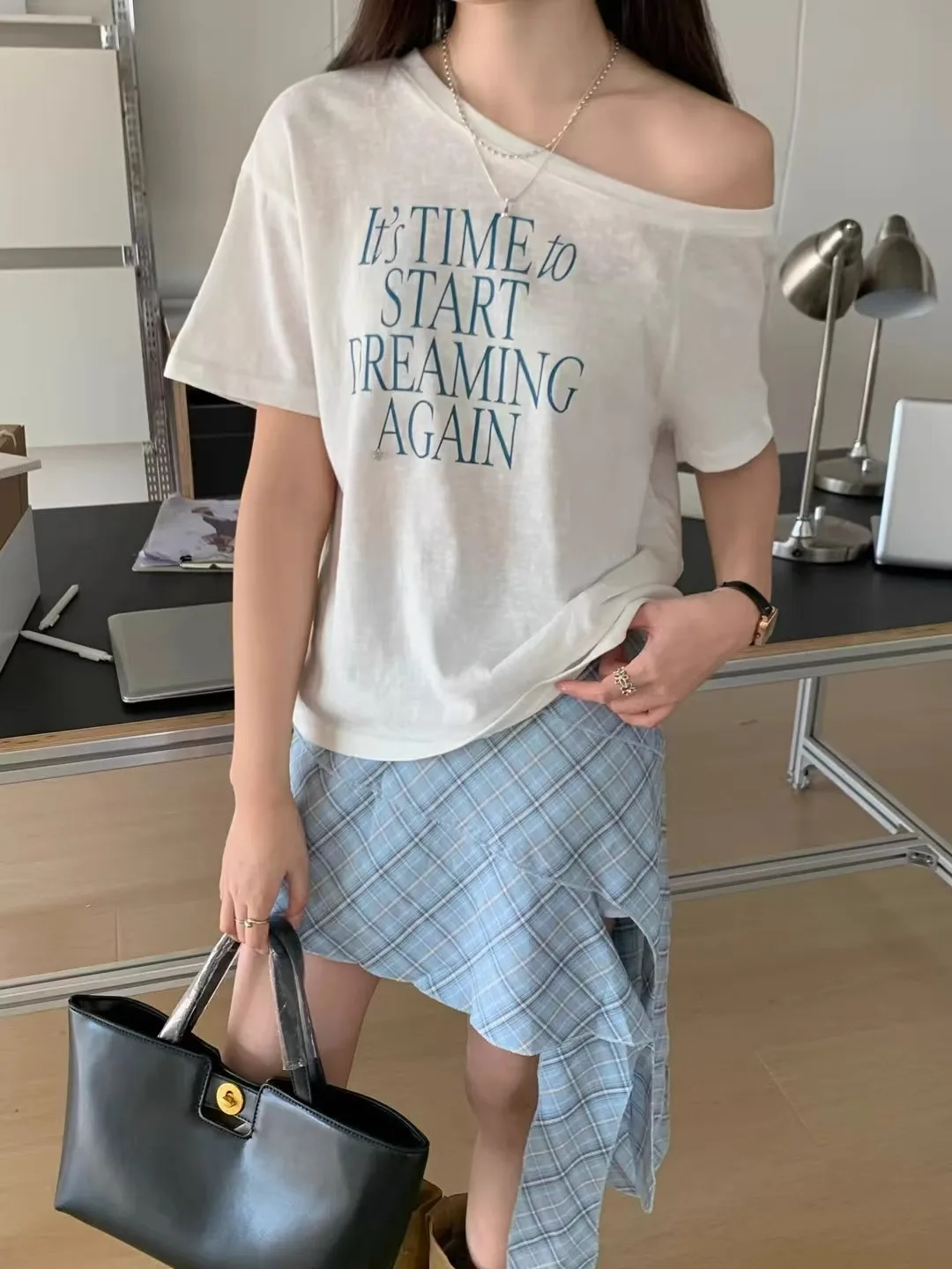 

Korean Style Sweet And Spicy Girl Spring Summer New Loose Fit Shoulder Printed Short Sleeve T-Shirt Breathable Fashionable Top