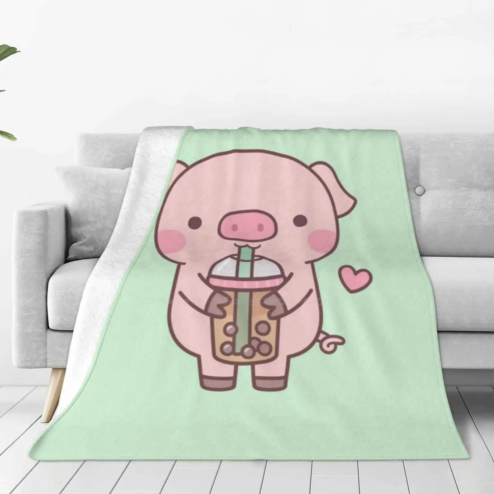 Cute Little Piggy Loves Boba Tea New Arrival Fashion Leisure Warm Flannel Blanket Bubble Tea Cute Pig Boba Tea Beverage Tapioca