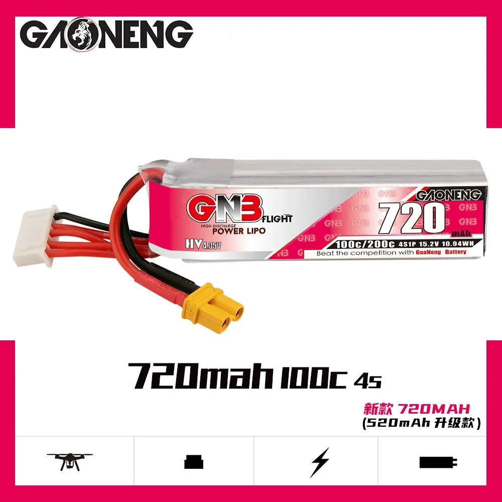 Bateria LiHV 4S 15.2V 720mAh 100C/200C, Conector XT30 Compatível com Drone FPV e Quadricóptero RC (GAONENG GNB)