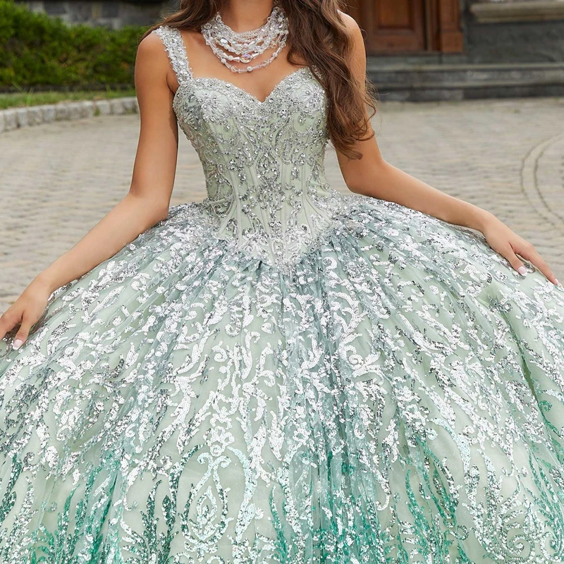 Luxury Light Green Shiny Quinceanera Dresses 2024 Sequin Lace Appliqued Beads Off the Shoulder Ball Gown Sweet 16 Vestidos 15 De