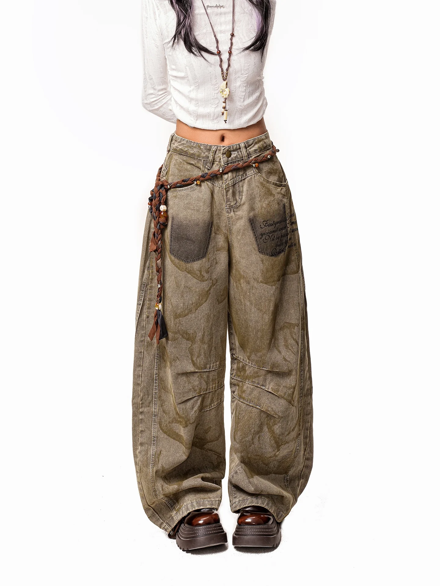 

ink Vintage Desert Women's Jeans Faded Wide Leg Harajuku Sle Hot Girl Streetwear Low Waist with kets