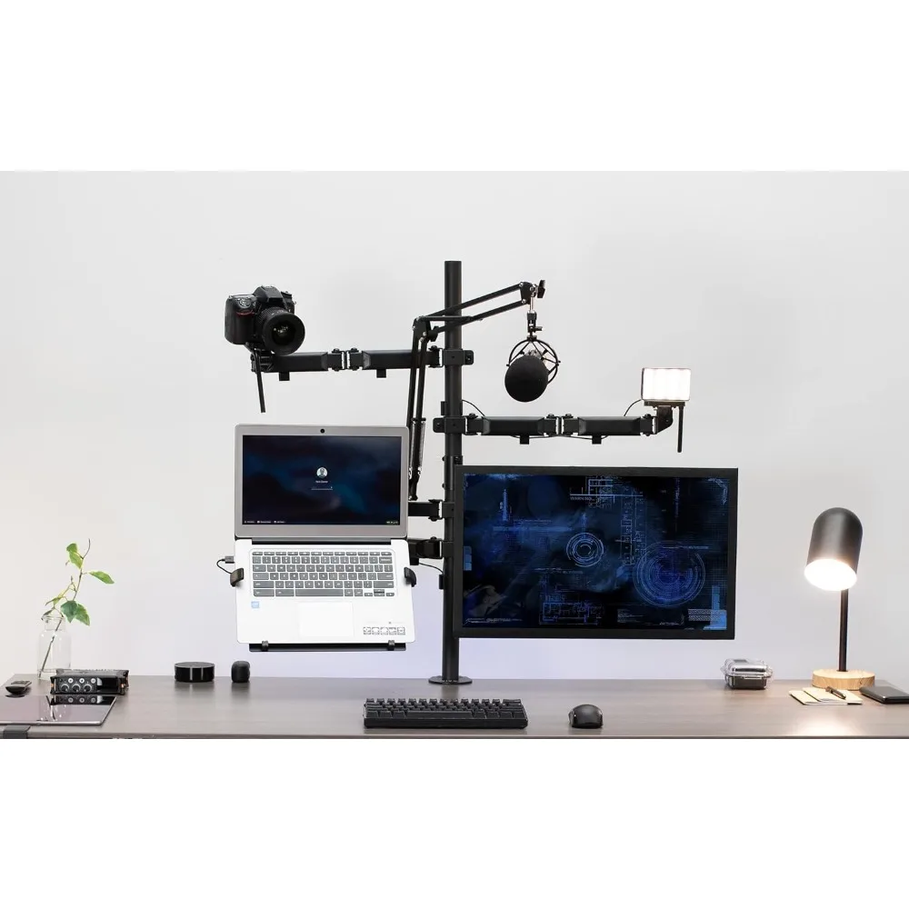 

All-in-One Computer Studio Desk Mount, Mic Boom, Dual Monitor Mount up to 32 inches, Laptop Stand, Livestream Arms Compatible