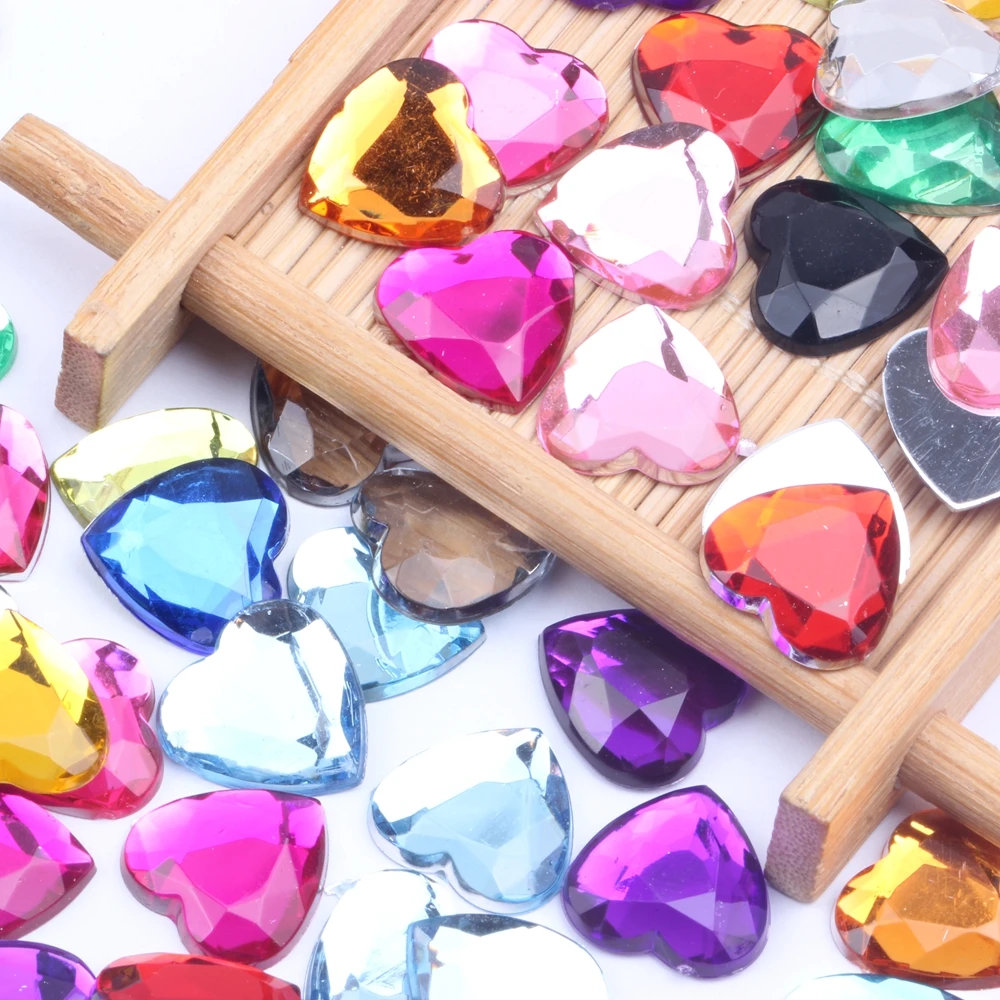 Flat Back Facets Acrylic Rhinestones 14mm 30/200pcs Heart Shape Many Colors Glue On Beads DIY Crafts Garments Decorations