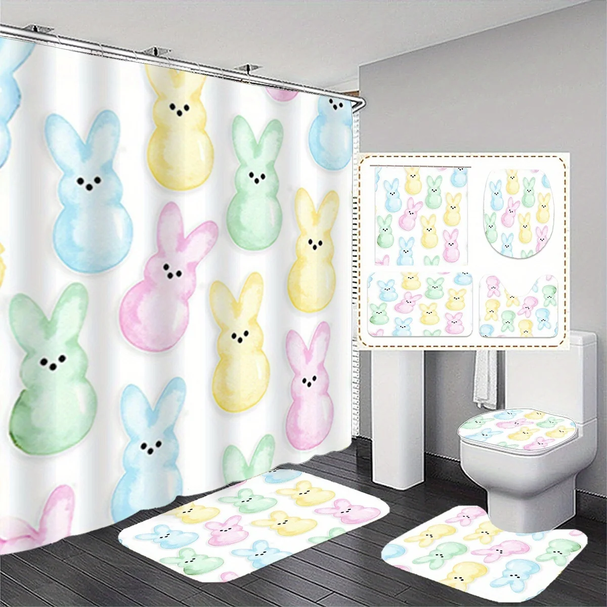 Jit, 1Pc/3Pcs Easter Day Colorful Rabbit Pattern Printed Shower Curtain+Floor Mat Set, With 12 Hooks, Polyester Fabric, Anti