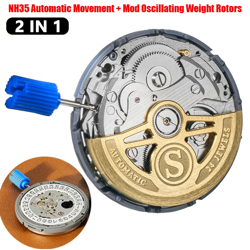 

Genuine NH35 Automatic Movement with Mod Gold Oscillating Weight Rotors 5 Colors Hammers NH35A Original Movement Date 3H