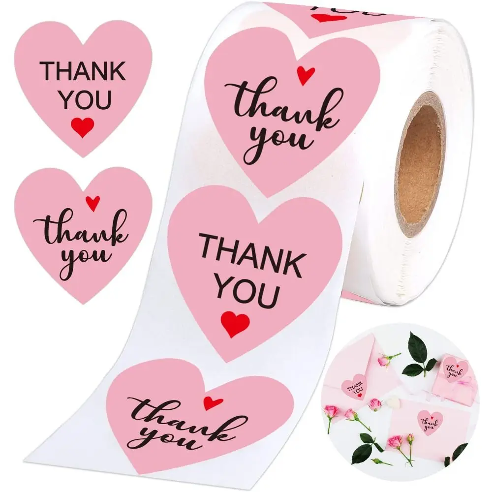 500Pcs 1 Inch Valentine's Day Stickers Self-Adhesive Heart Shape Sealing Labels Pink Thank You Label Decor Gift Packaging