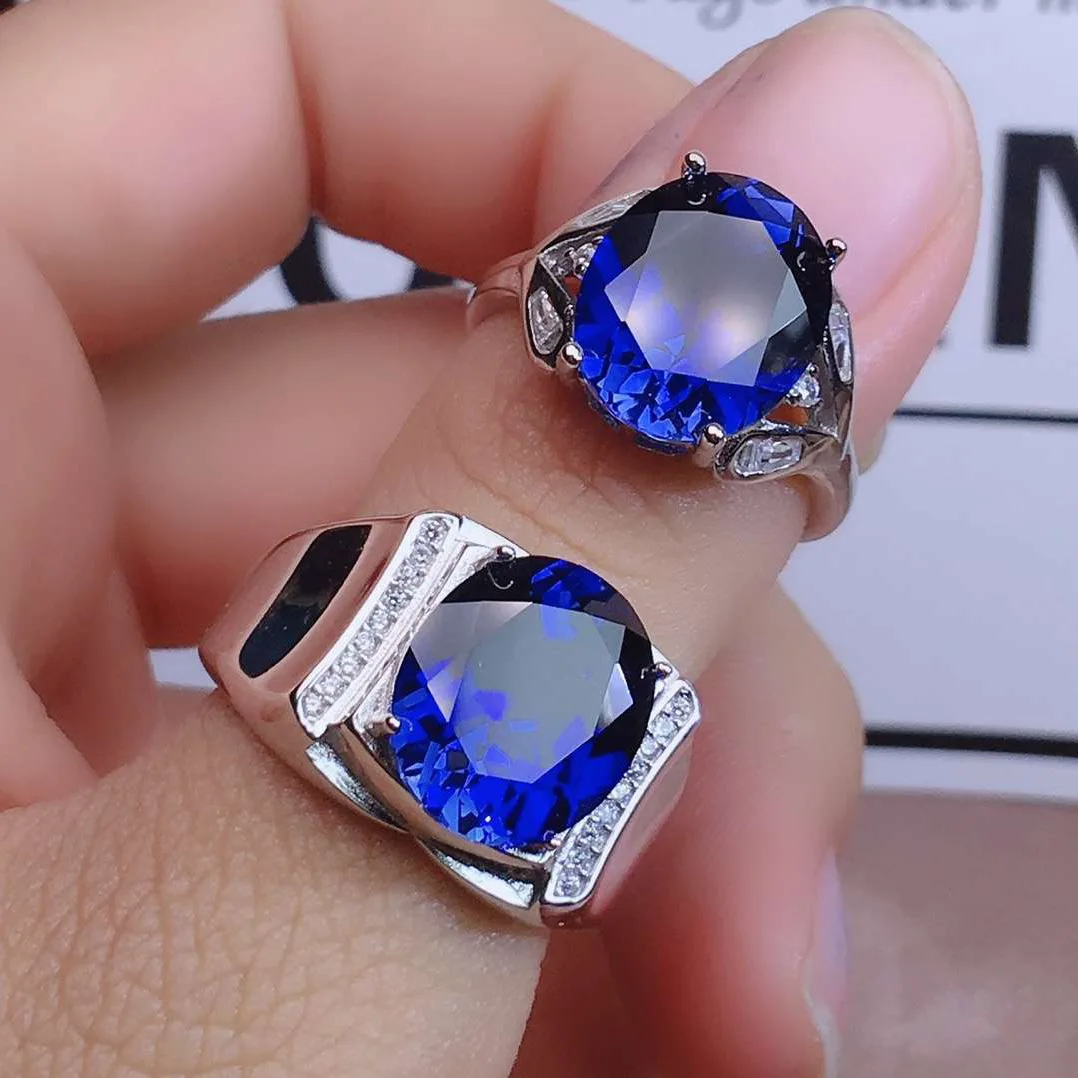 Blue crystal sapphire gemstones diamonds rings for men women couple white gold silver color jewelry bijoux bague wedding gifts