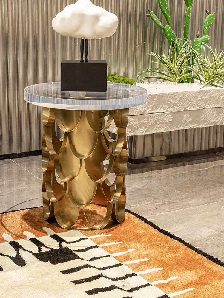 Tea Table Stainless Steel Light Luxury Acrylic Small Coffee  Corner  Foshan Factory Wholesale Golden, round Side