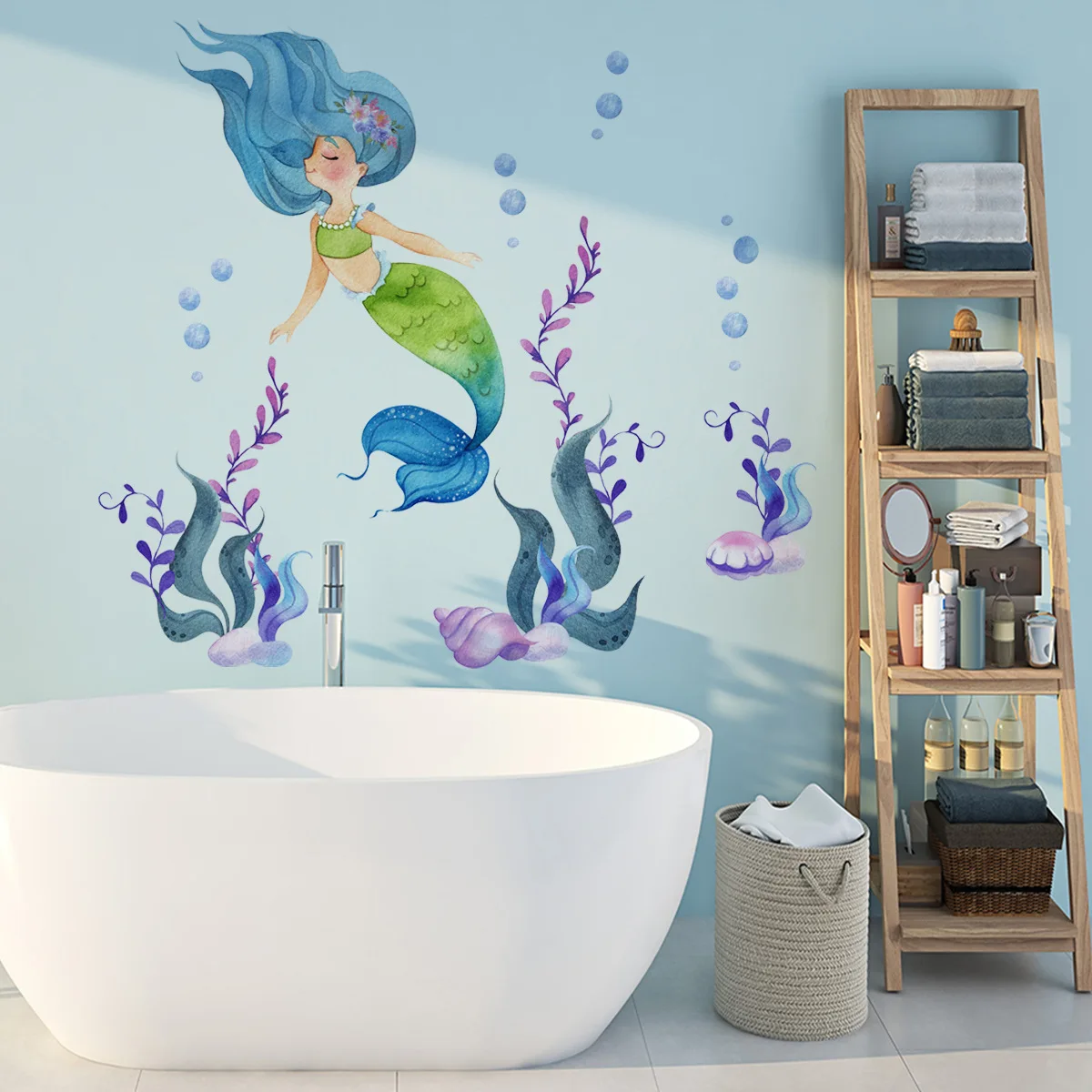 Zollor Cartoon Mermaid Underwater World Wall Sticker Bedroom Living room Shower Room Background Wall Creative Decoration Sticker