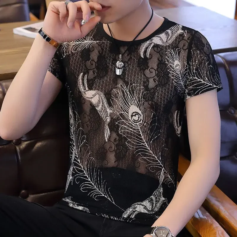 Hollow O Neck Men's T-shirt Harajuku Korean Clothing Aesthetic Male Tees Shirts Wholesale Stylish Y2k Party New In Elastic Tops