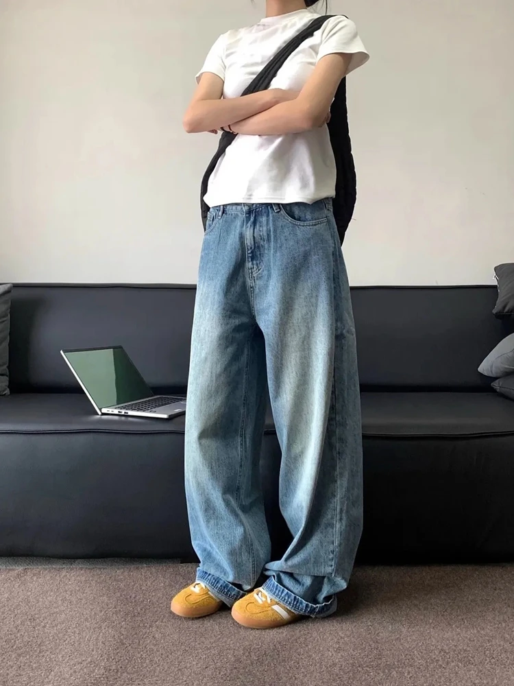 

Американские винтажные джинсы прямого кроя с эффектом потертости, больших размеров, женские, свободные, с высокой талией, утягивающие, широкие брюки, осень-зима