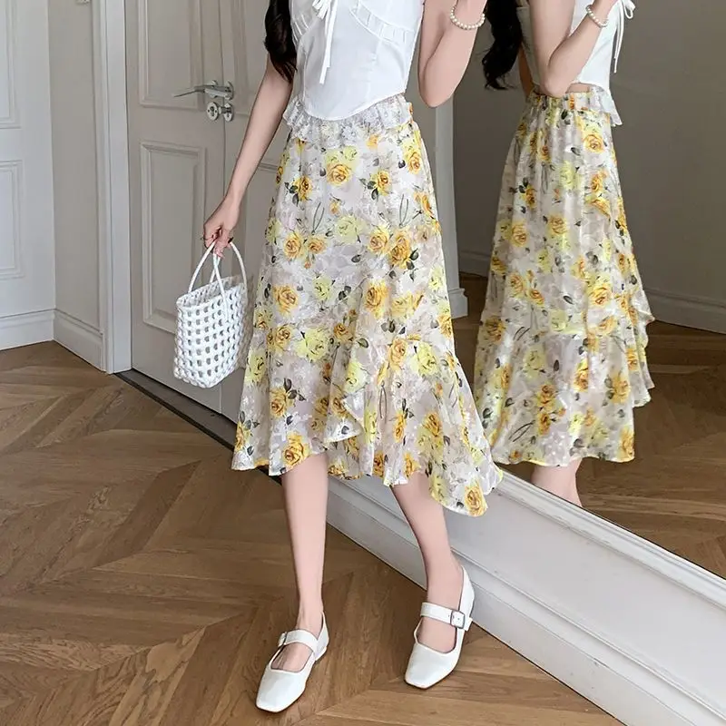 Female Skirts Chiffon Midi High Waist Ruffle Women's Skirt Chic and Elegant V Clothing Sales Streetwear Aesthetic Casual Premium