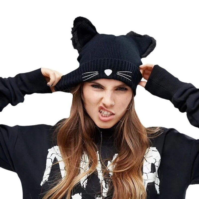 New Cat Solid Color Ear Knitted Hat Embroidered Yarn Hat Cute Autumn and Winter Warm Pullover Hat Versatile Cold Hat