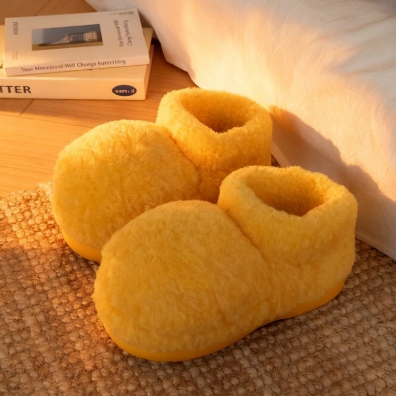 

Желтые флисовые женские хлопковые туфли, милые круглые теплые плюшевые нескользящие удобные зимние ботинки высокого качества на толстой подошве