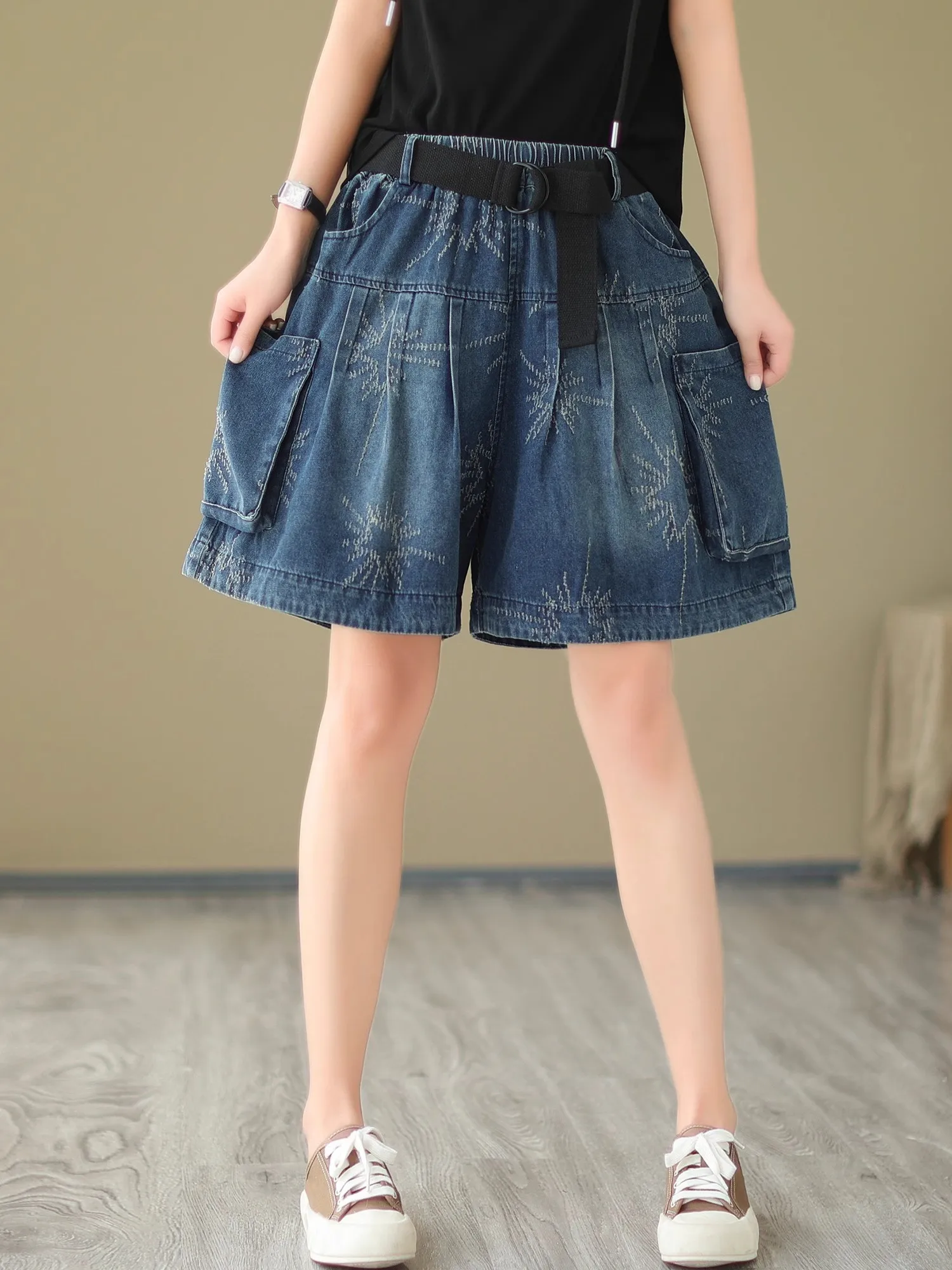 

Джинсовая юбка с высокой талией и широкими штанинами, женская летняя повседневная юбка с вышивкой, свободные утягивающие брюки пять четвертей