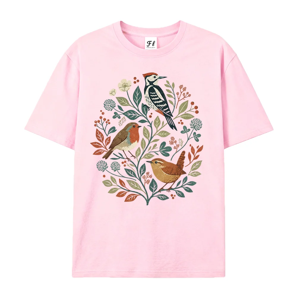 Women Vintage Forest Birds Botanical Graphic T Shirt Floral Leaf Nature Print Crew Neck Casual Loose Short Sleeve