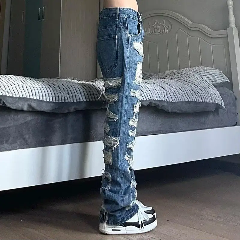 American Style Broken Hole Old Jeans Loose Hundred New Pants Men\'s Streetwear Baggy Jeans Y2k Jeans Ripped Jeans Men Pants