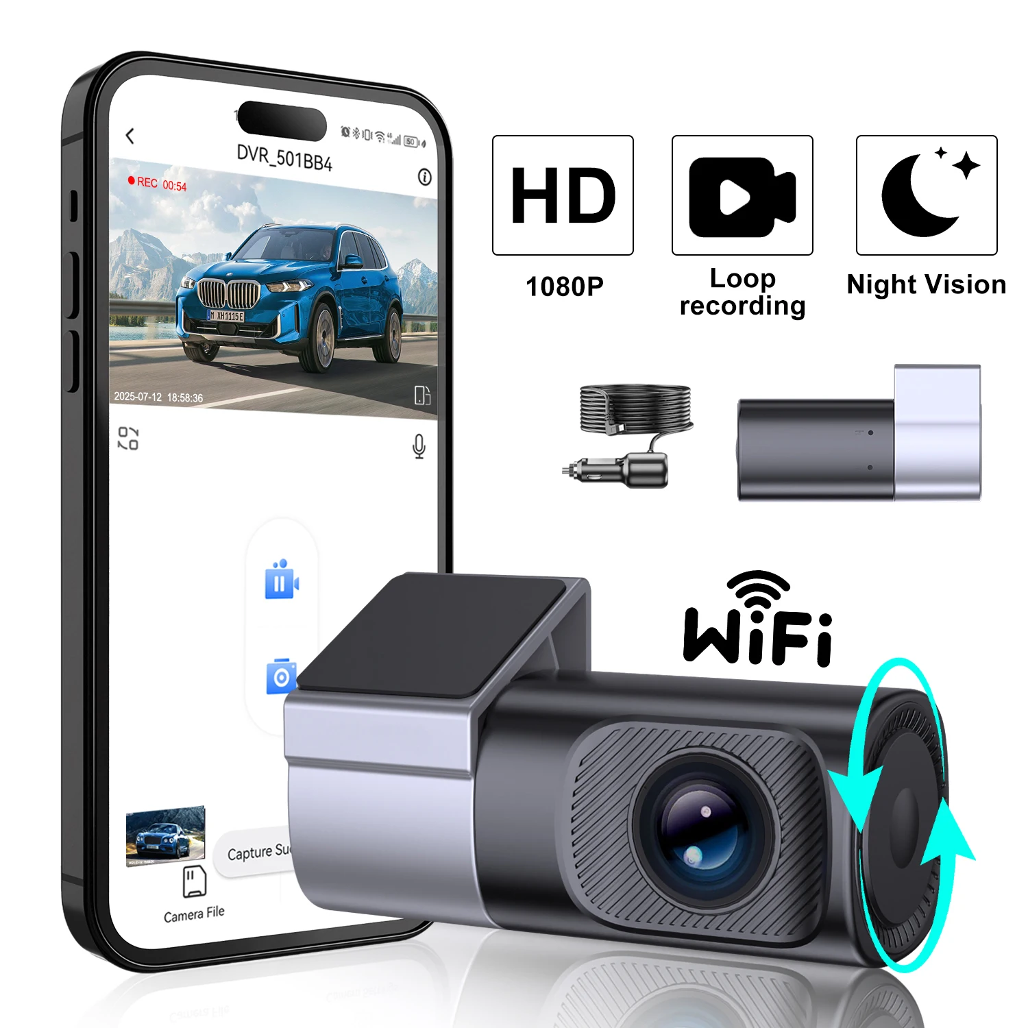 Câmera Veicular 1080P WiFi Nova Gravadora de Vídeo Controle por APP Câmera de Painel Inteligente Visão Noturna 360 °   Rotação para Todos os Carros