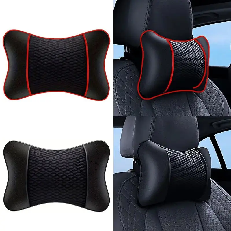 2 Stück PU-Leder Gestrickte Auto-Kopfstützen Nackenstützkissen Sitzzubehör Auto Schwarz Sicherheitskissen Universelle Dekoration