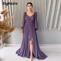 Eightale Purple Evening Dresses V-Neck Appliques Beaded Long Sleeves Customized Chiffon Prom Gown for Wedding Party robe soiree