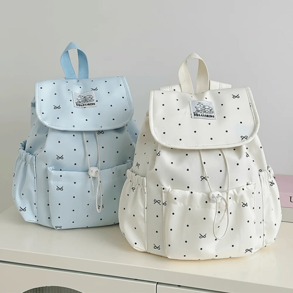 Japanese Style Women's Backpack Polka Dot Pattern Large Capacity Drawstring Backpack Drawstring Closure Preppy Style Bag