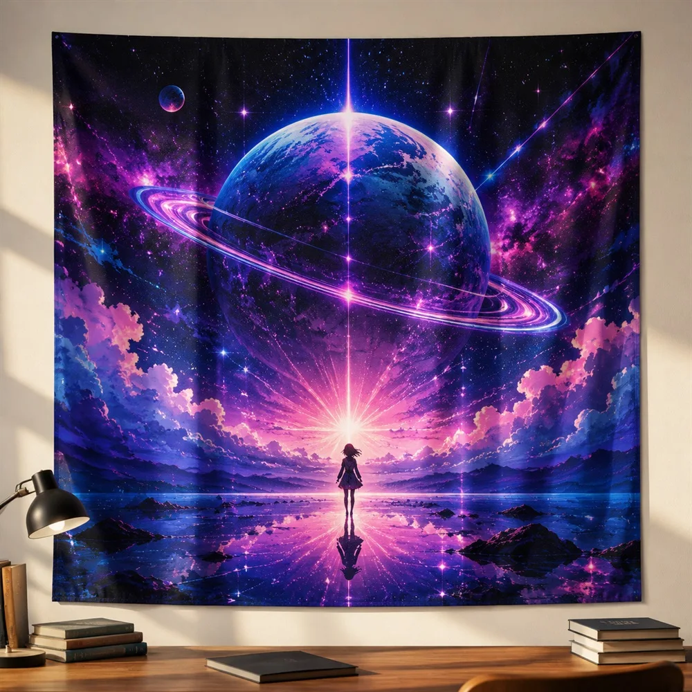 VIKAMA Planet Horizon Anime Tapestry Wall Hanging, Aesthetic Sci Fi Anime Room Decor Tapestries for Bedroom Living Room Study