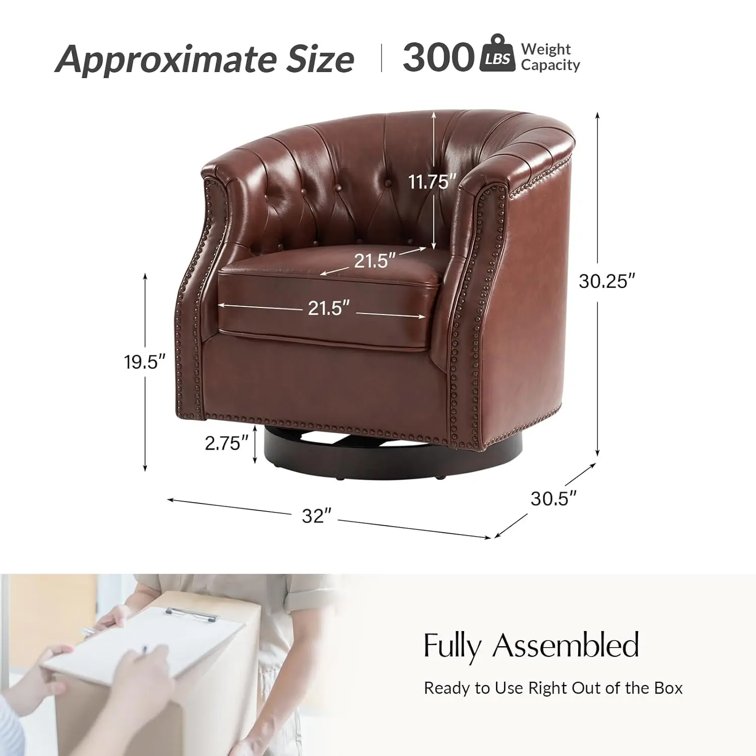 #Genuine Leather Swivel Accent Chair, Swivel Rocker Barrel Chair, Traditional Chesterfield Armchair with, Customized