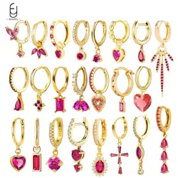 925 Sterling Silver Ear Needle Luxury Rose Red Crystal Gold Earrings Women's Water Drop/Heart Pendant Earrings Fine Jewelry Gift