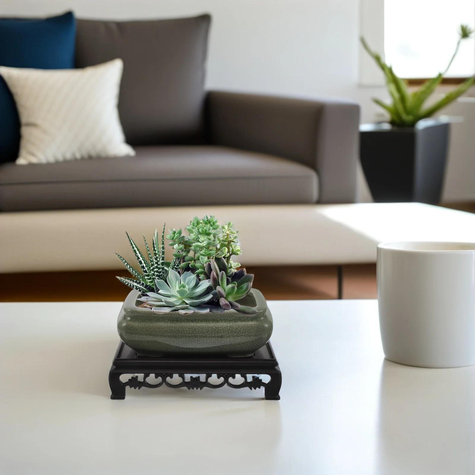 

Vintage Ceramic Planter Bowl with Base for Hydroponic Orchids Bonsai and Succulents Shallow Rectangle Chinese Asian Style Flower