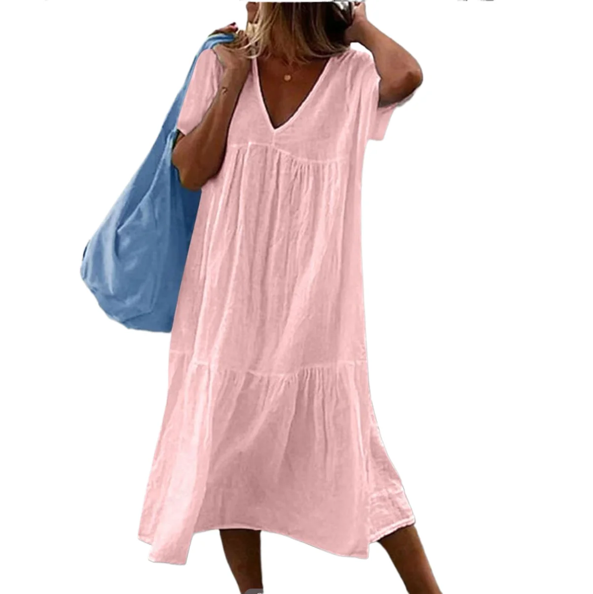 

2025 Solid Color Cotton Linen Midi Dresses Women Fashion Casual V-neck Short Sleeves Loose Dress Simple Style Lady Commuting