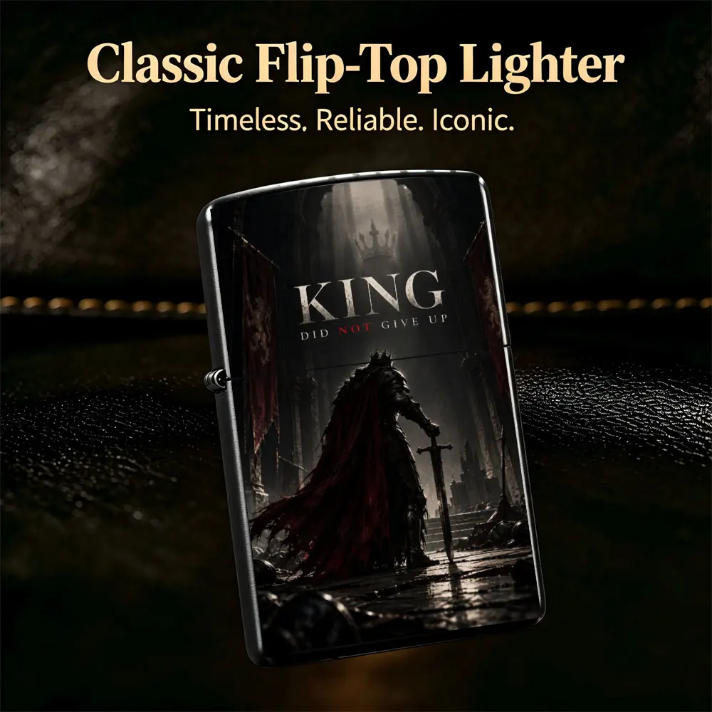 Pocket Lighter, Flip Top Windproof Design, Metal Case, Movie King Poster Art, Knight in Dark Castle Graphic, Portable Durable, Comfortable Grip, Vintage Style Gift