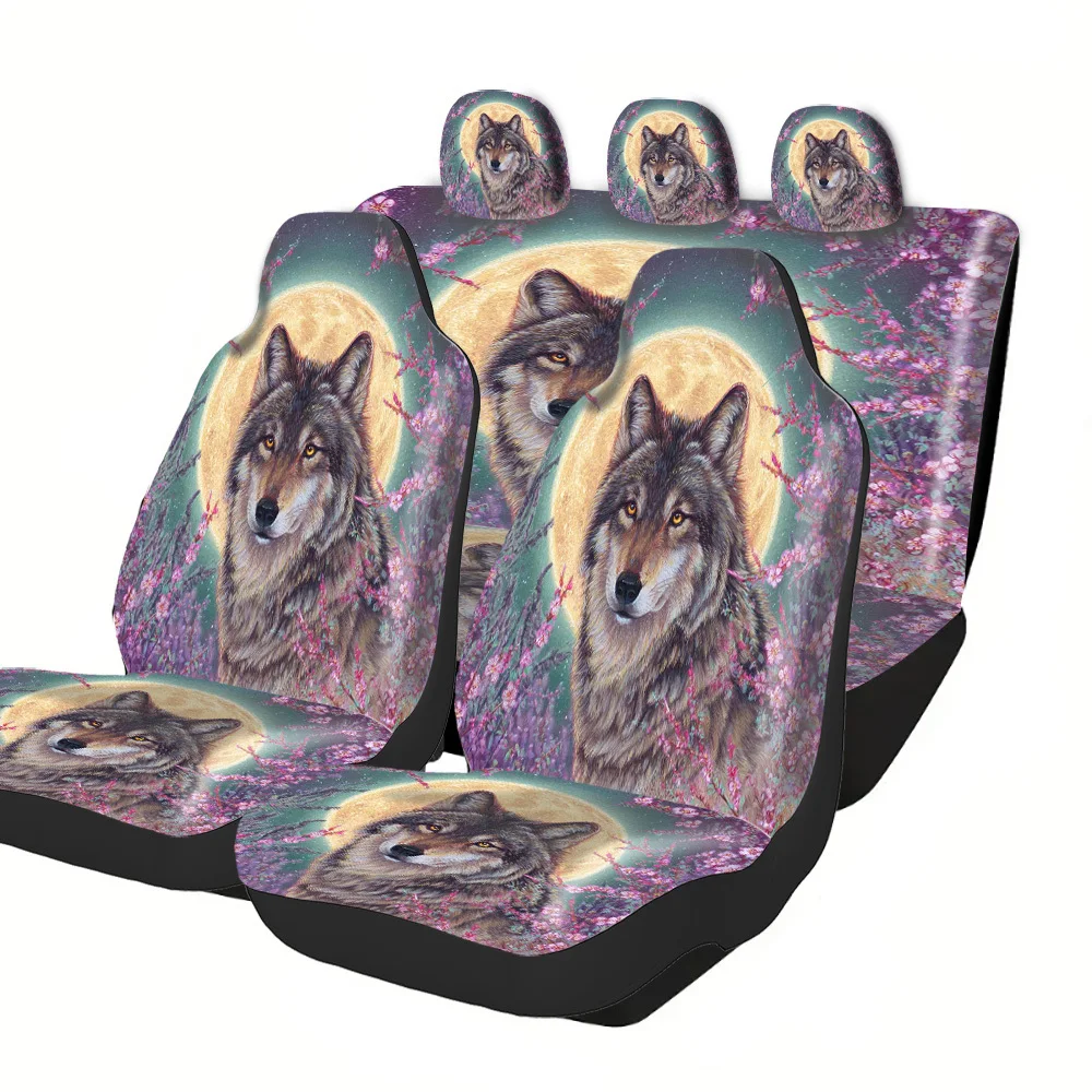 Trendy Printed Car Seat Covers With Halloween Christmas New Year Easter Themes Wolf Full Moon Flowers Design Premium Material Lu