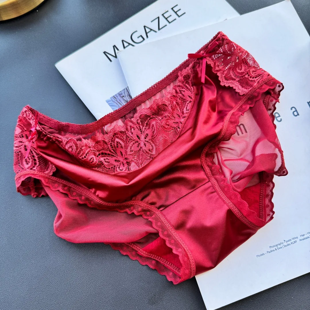 SP&CITY Ice Silk Bow Lace Sexy Women's Underwear Low Waist Cotton Crotch Hollow Out Panties Embroidery Mesh Breathable Briefs