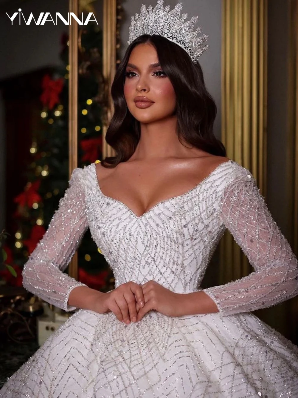 

Glitter Luxury Ball Gowns Wedding Dress Modest Long Sleeve Bridal Gown 2025 Customized Sequined V-neck Dresses For Bride