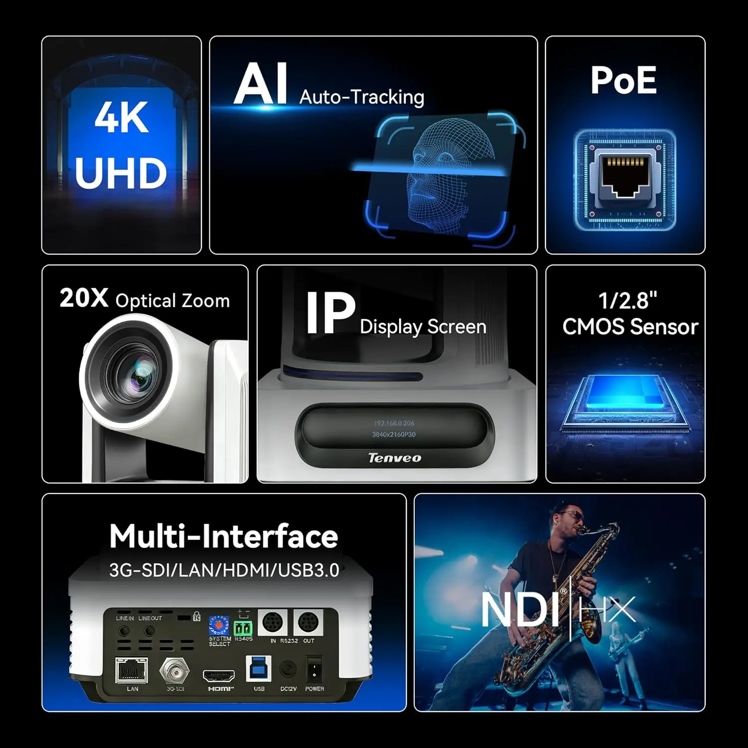 4K NDI PTZ Camera White Color 20X Optical Zoom AI Auto-Tracking 3G-SDI USB3.0 HDMI LAN PoE IP Live Streaming For Church Worship