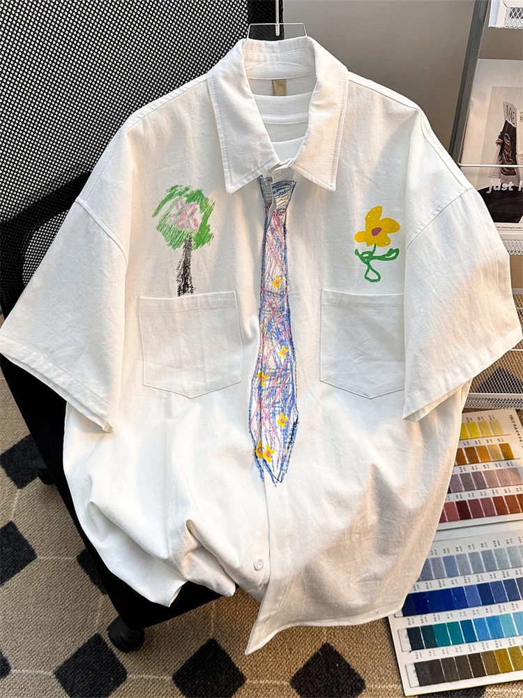 

American Retro Hand-Painted White Short-Sleeve Shirt Men's Summer Design Cool College Style Versatile Men's Dress Shirt
