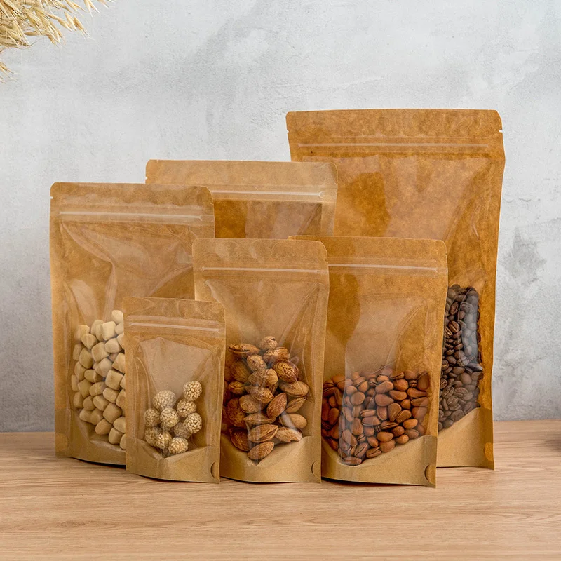 StoBag 100pcs Transparent Kraft Paper Food Packaging Ziplock Bag Stand Up Sealed for Candy Snack Coffee Beans Nuts Storage Pouch