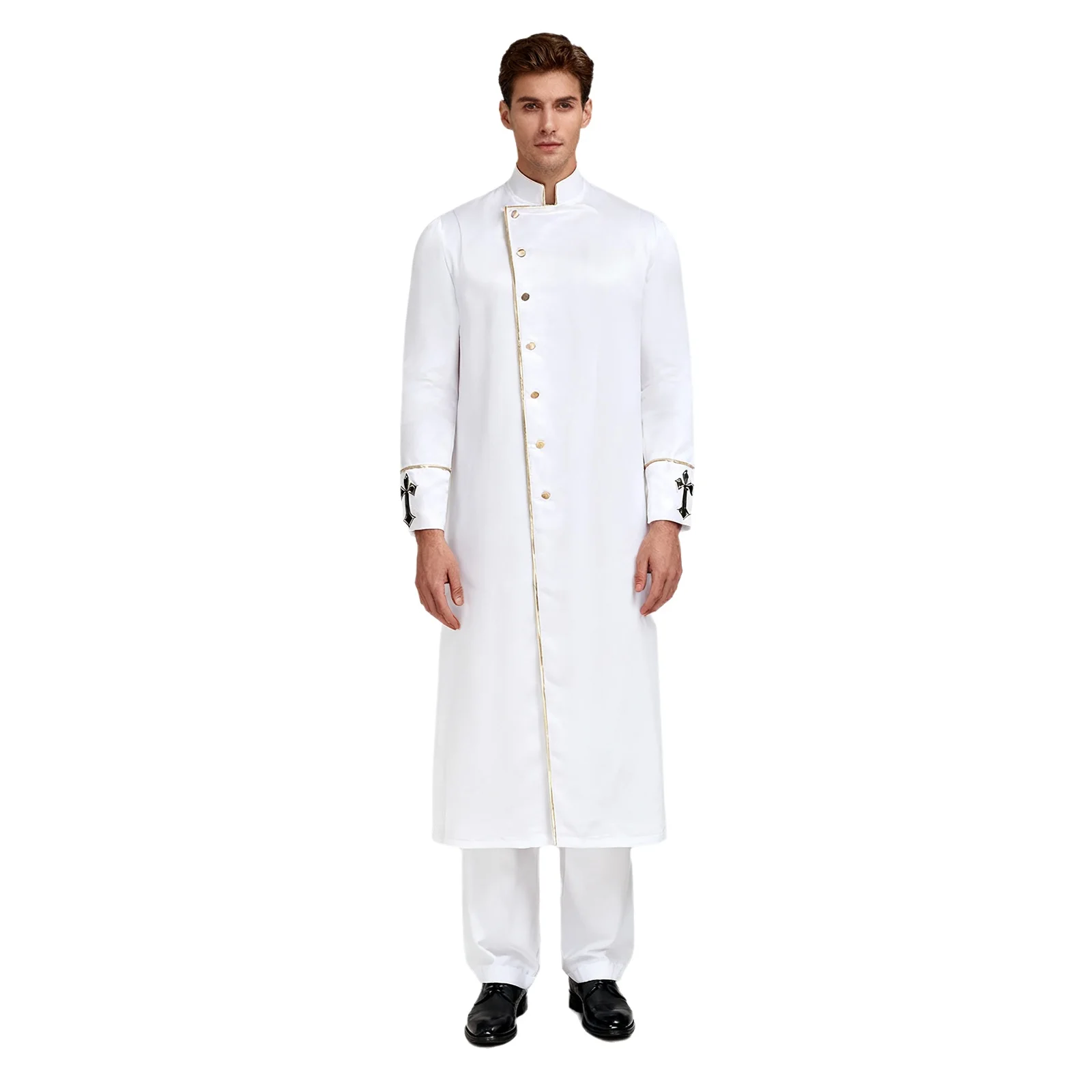 

Men Church Priest Clergy Robe Long Sleeve with Cross Embroidery Metallic Shiny Trim Cassock Jackets for Halloween Cosplay Outfit