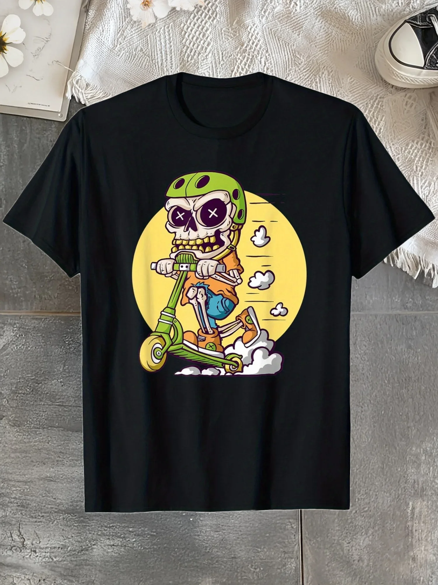 

Cool Skeleton Riding Scooter Graphic T-Shirt Men Casual Short Sleeve Cotton Crew Neck T-shirt